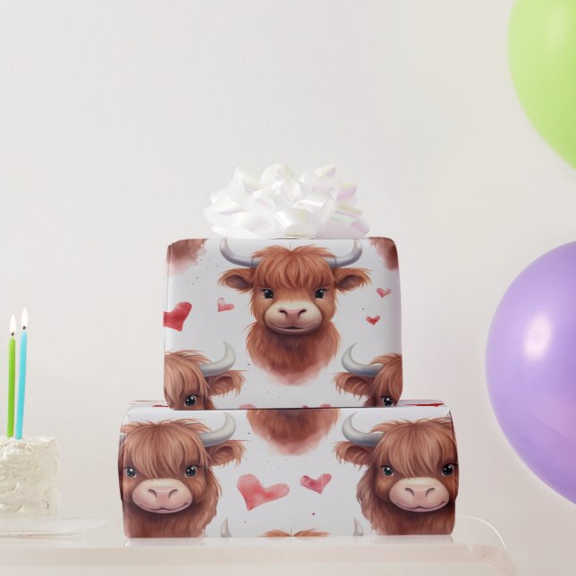 Cute Baby Highland Cow Valentine Heart Pattern 1 Wrapping Paper (Party Gifts)