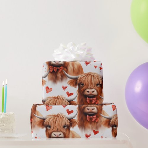 Cute Baby Highland Cow Valentine Heart Pattern 2 Wrapping Paper