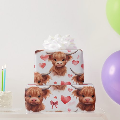 Cute Baby Highland Cow Valentine Heart Pattern 3 Wrapping Paper