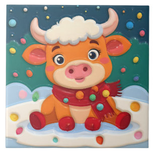 Cute Baby Highland Cow w Christmas Lights on Teal Ceramic Tile