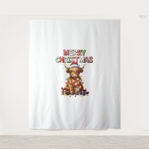 Cute Baby Highland Cow With Christmas Lights Tapestry