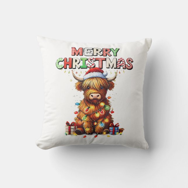 Cute Baby Highland Cow With Christmas Lights  Throw Pillow (Front)