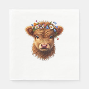 Cute Baby Highland Cow With Crown Of Flowers Calf  Napkins