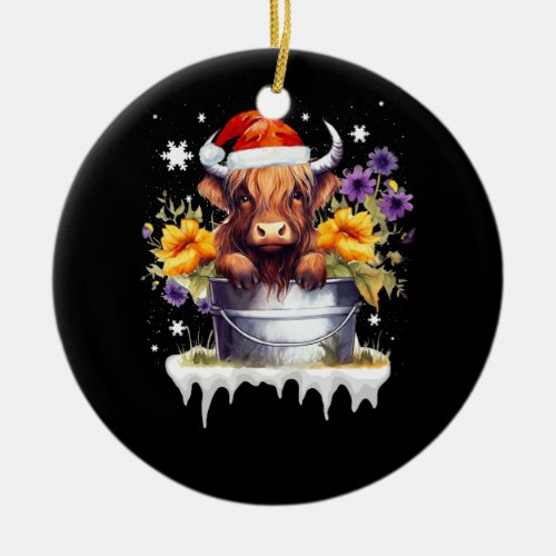 Cute Baby Highland Cow With Flowers Calf Animal Ch Ceramic Ornament