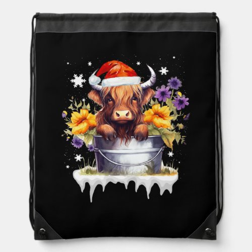 Cute Baby Highland Cow With Flowers Calf Animal Ch Drawstring Bag
