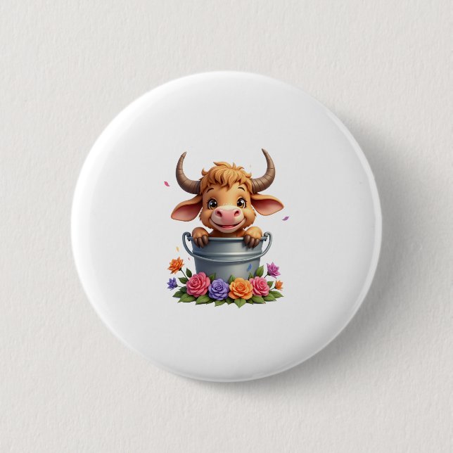 Cute Baby Highland Cow With flowers Calf Animal co Button (Front)