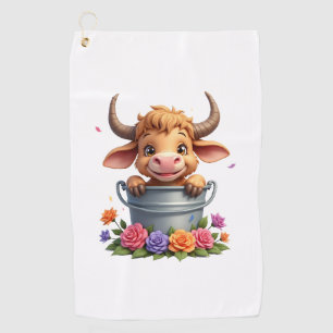 Cute Baby Highland Cow With flowers Calf Animal co Golf Towel