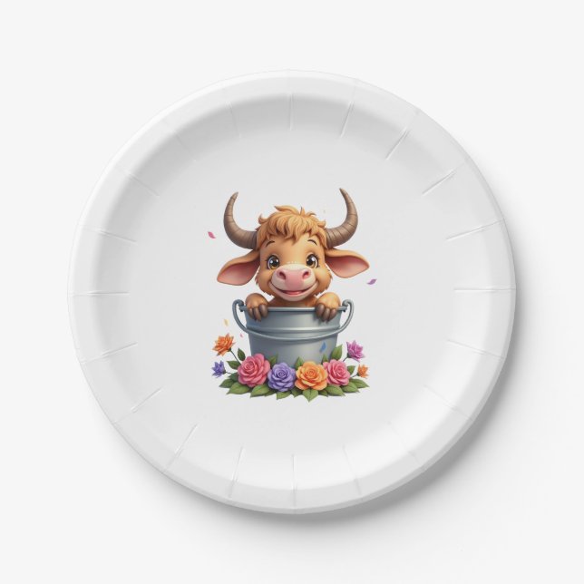Cute Baby Highland Cow With flowers Calf Animal co Paper Plates (Front)