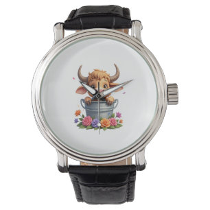 Cute Baby Highland Cow With flowers Calf Animal co Watch