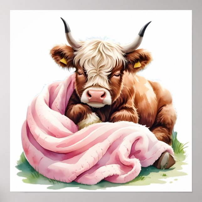Cute Baby Highland Cow with Flowers – Farm Nursery Poster (Front)