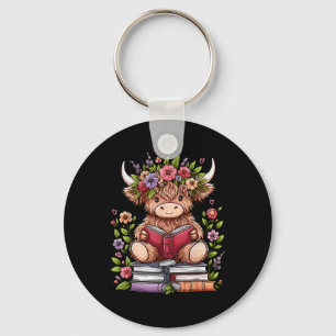 Cute Baby Highland Cow With Reading Book Bookworm Keychain