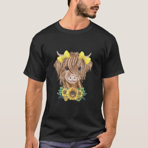 Cute Baby Highland Cow With Sunflowers Calf Animal T_Shirt