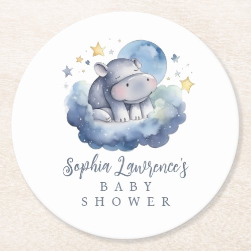 Cute Baby Hippo Baby Shower Round Paper Coaster