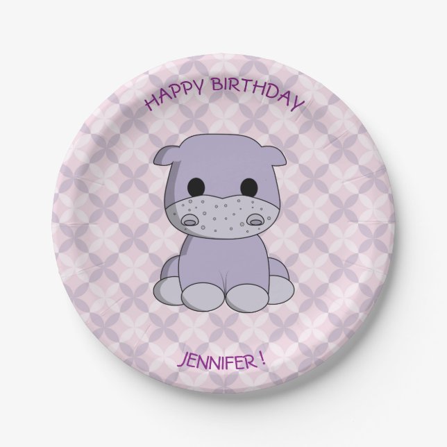 Cute baby hippo cartoon birthday girls paper plates (Front)