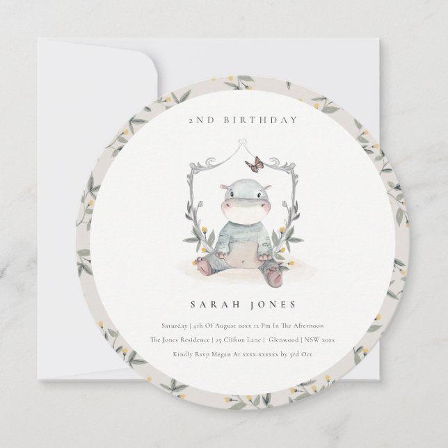 Cute Baby Hippo Foliage Any Age Birthday Invite (Front)