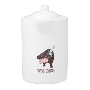 Cute Baby Hippo Moo Deng Bouncy Pig in Thai T-Shir Teapot