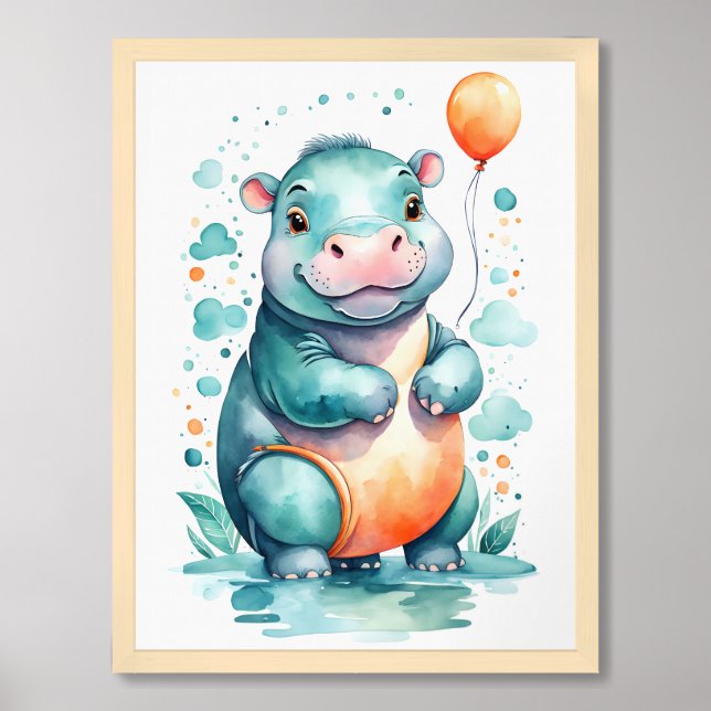 Cute Baby Hippo Nursery Wall Art (Framed Front)