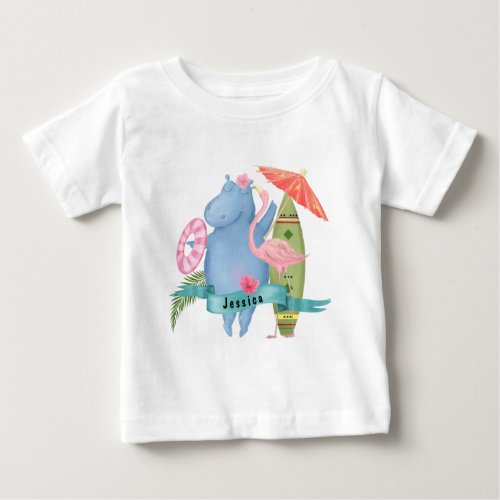 Cute Baby Hippo with Flamingo Custom Name  Baby T_Shirt