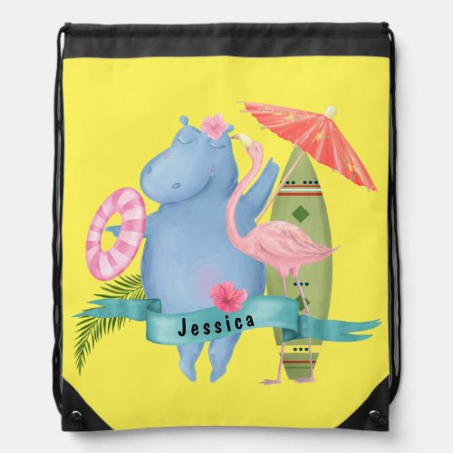 Cute Baby Hippo with Flamingo Custom Name      Drawstring Bag