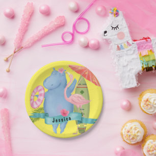 Cute Baby Hippo with Flamingo Custom Name Paper Plates
