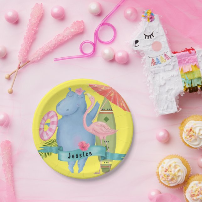Cute Baby Hippo with Flamingo Custom Name Paper Plates (Party)