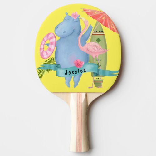 Cute Baby Hippo with Flamingo Custom Name      Ping Pong Paddle
