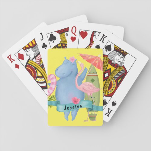 Cute Baby Hippo with Flamingo Custom Name    Poker Cards