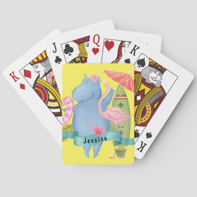 Cute Baby Hippo with Flamingo Custom Name    Poker Cards (Back)