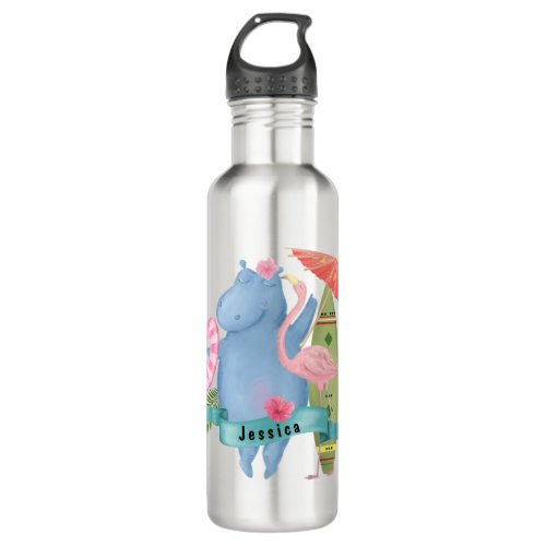 Cute Baby Hippo with Flamingo Custom Name     Stainless Steel Water Bottle