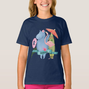 Cute Baby Hippo with Flamingo Custom Name T-Shirt