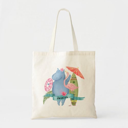 Cute Baby Hippo with Flamingo Custom Name     Tote Bag