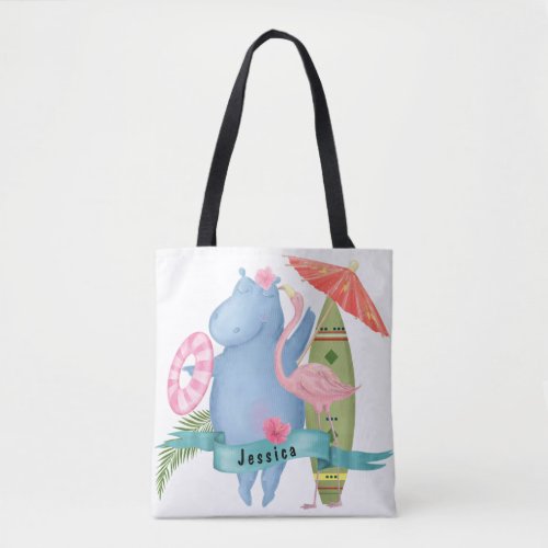 Cute Baby Hippo with Flamingo Custom Name      Tote Bag