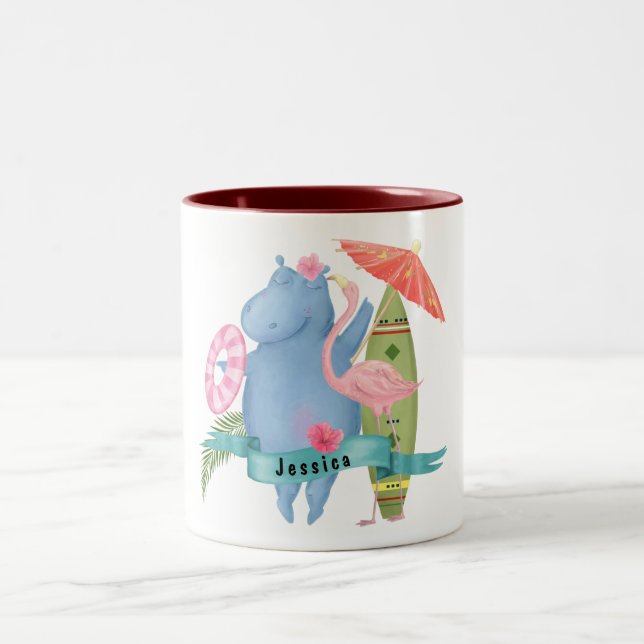 Cute Baby Hippo with Flamingo Custom Name    Two-Tone Coffee Mug (Center)