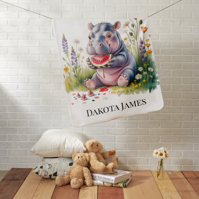 Cute Baby Hippopotamus Watermelon Baby Shower Gift Blanket (In Situ)