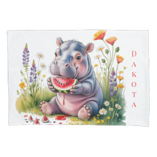 Cute Baby Hippopotamus Watermelon Baby Shower Gift Pillow Case