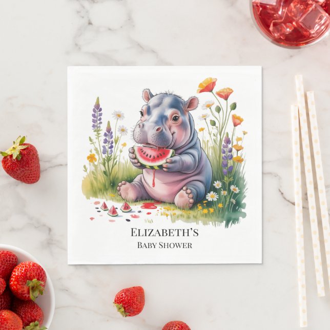 Cute Baby Hippopotamus Watermelon Baby Shower Napkins (Insitu)