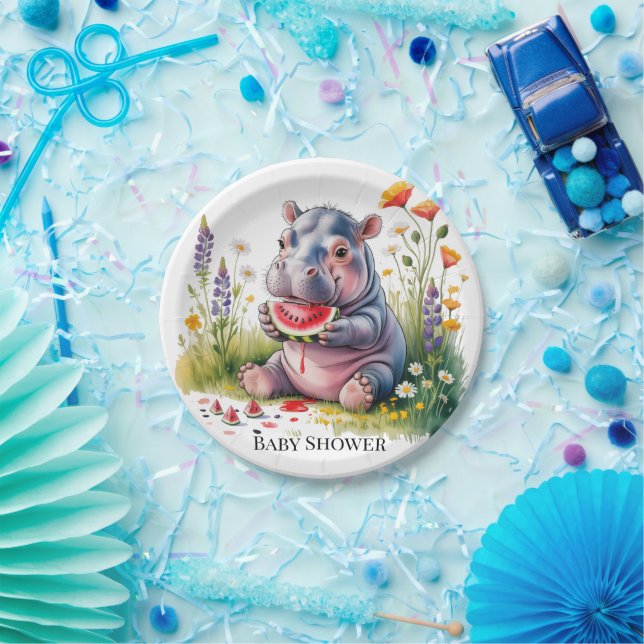 Cute Baby Hippopotamus Watermelon Baby Shower Paper Plates (Party)