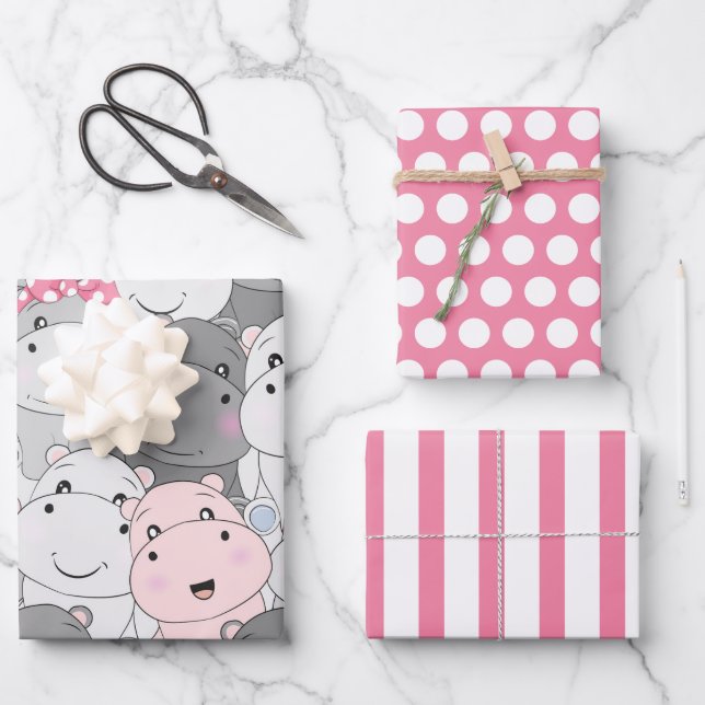 Cute Baby Hippos Wrapping Paper Set (Front)