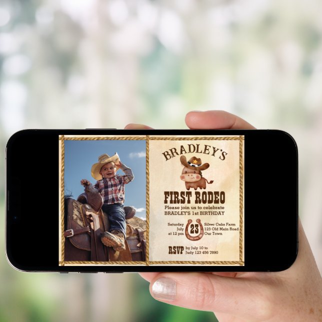 Cute baby horse first rodeo photo birthday  invitation (Front Digital)