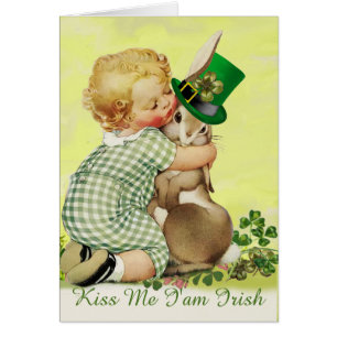 CUTE BABY HUGGING RABBIT  Irish St. Patrick's Day Cards