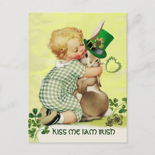 CUTE BABY HUGGING RABBIT  Irish St Patricks Day Postcard