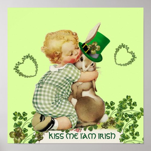 CUTE BABY HUGGING RABBIT Irish St Patricks Day Poster