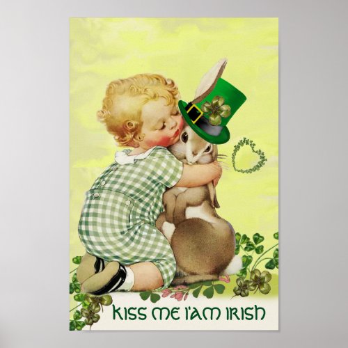 CUTE BABY HUGGING RABBIT  Irish StPatricks Day Poster