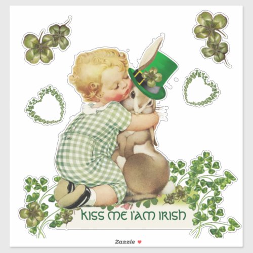 CUTE BABY HUGGING RABBIT IRISH ST PATRICKS DAY STICKER