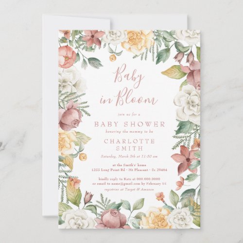 Cute Baby In Bloom Floral Girl Baby Shower Boho Invitation