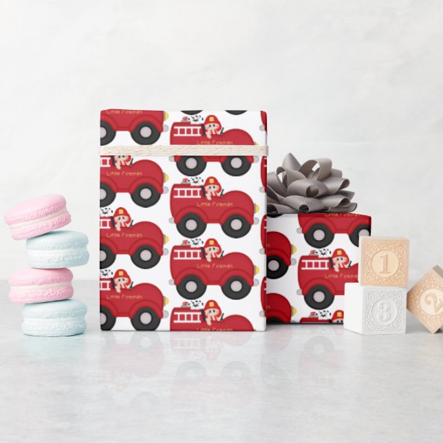 Cute baby in firetruck party tiled wrap wrapping paper (Baby Shower)
