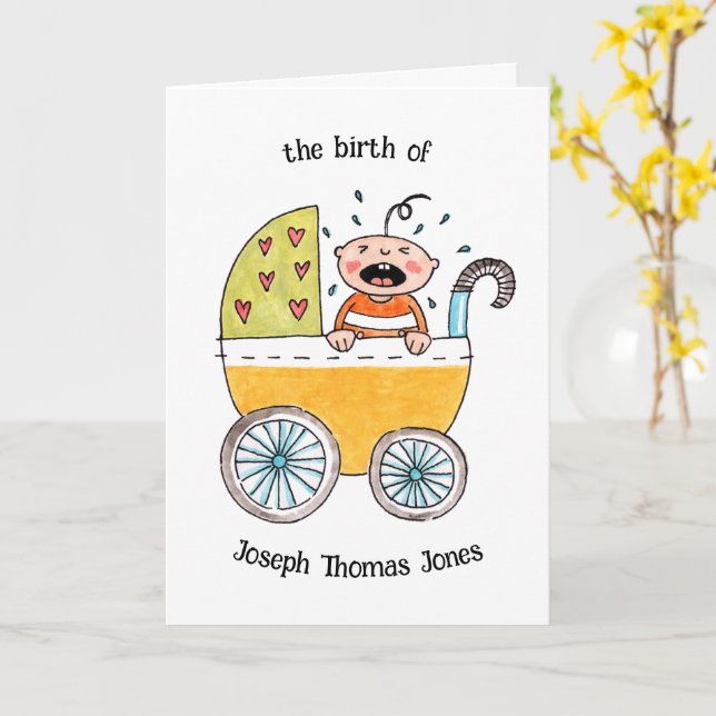 Cute Baby in Pram Birth Congratulations Card (Yellow Flower)