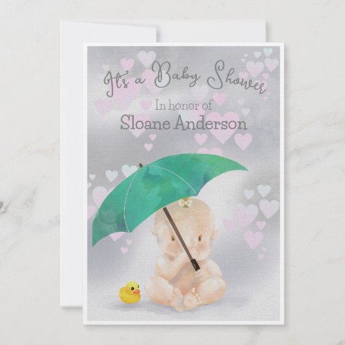 Cute Baby in Shower of Hearts Gender Neutral Baby Invitation