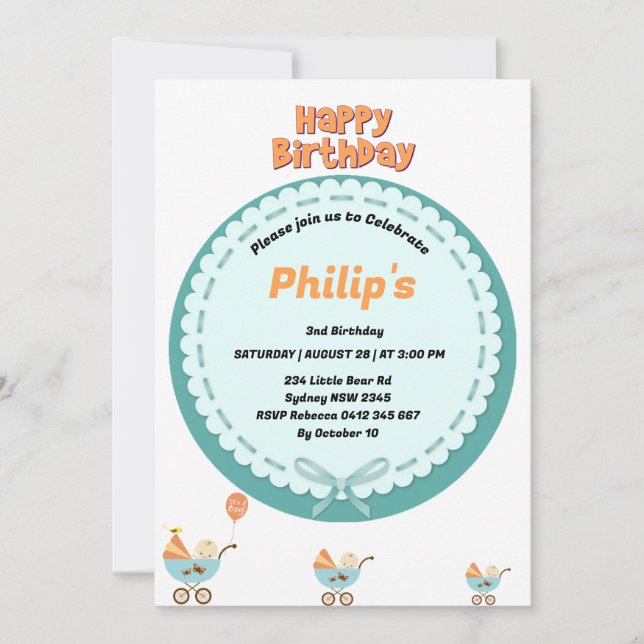 Cute baby in stroller birthday  invitation (Front)