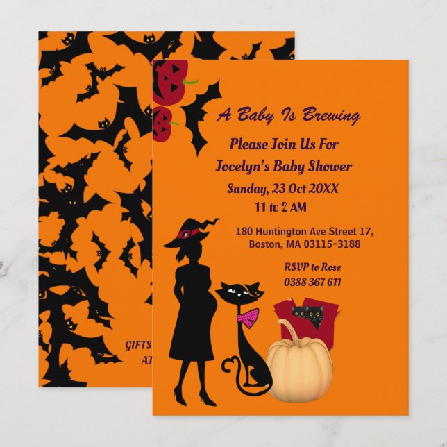 Cute Baby is Brewing Witch Pumpkin Cat Baby Shower Invitation (Front/Back)